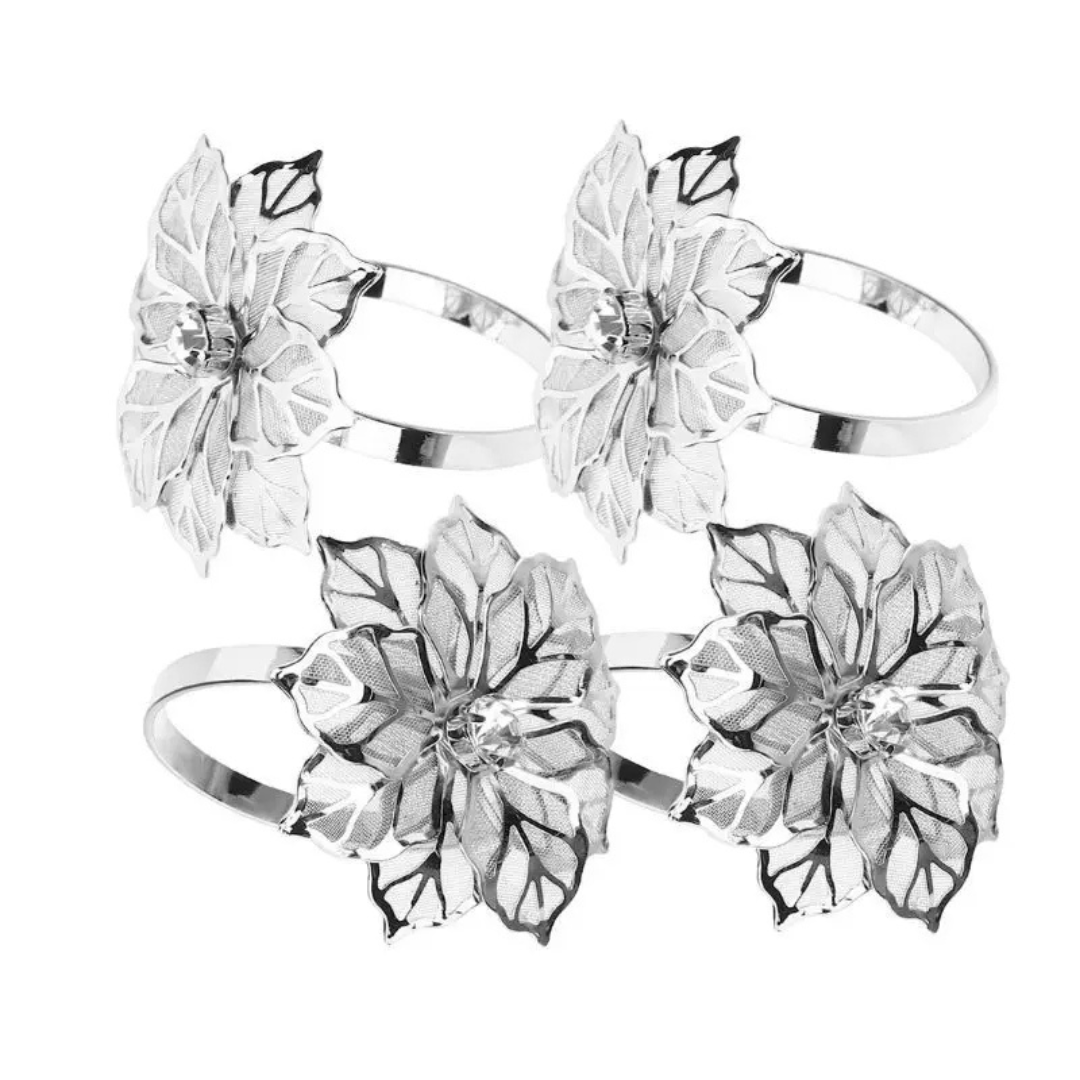 Anel de Guardanapo com Flor de Rosa e Strass – Kit 4 Peças