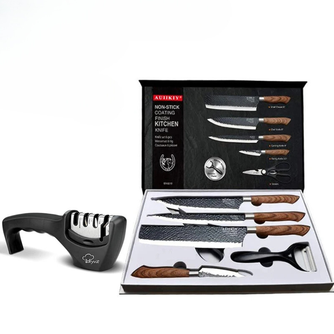 Kit de Facas de Cozinha Profissional em Aço Inox Forjado com Tesoura e Descascador Cerâmico