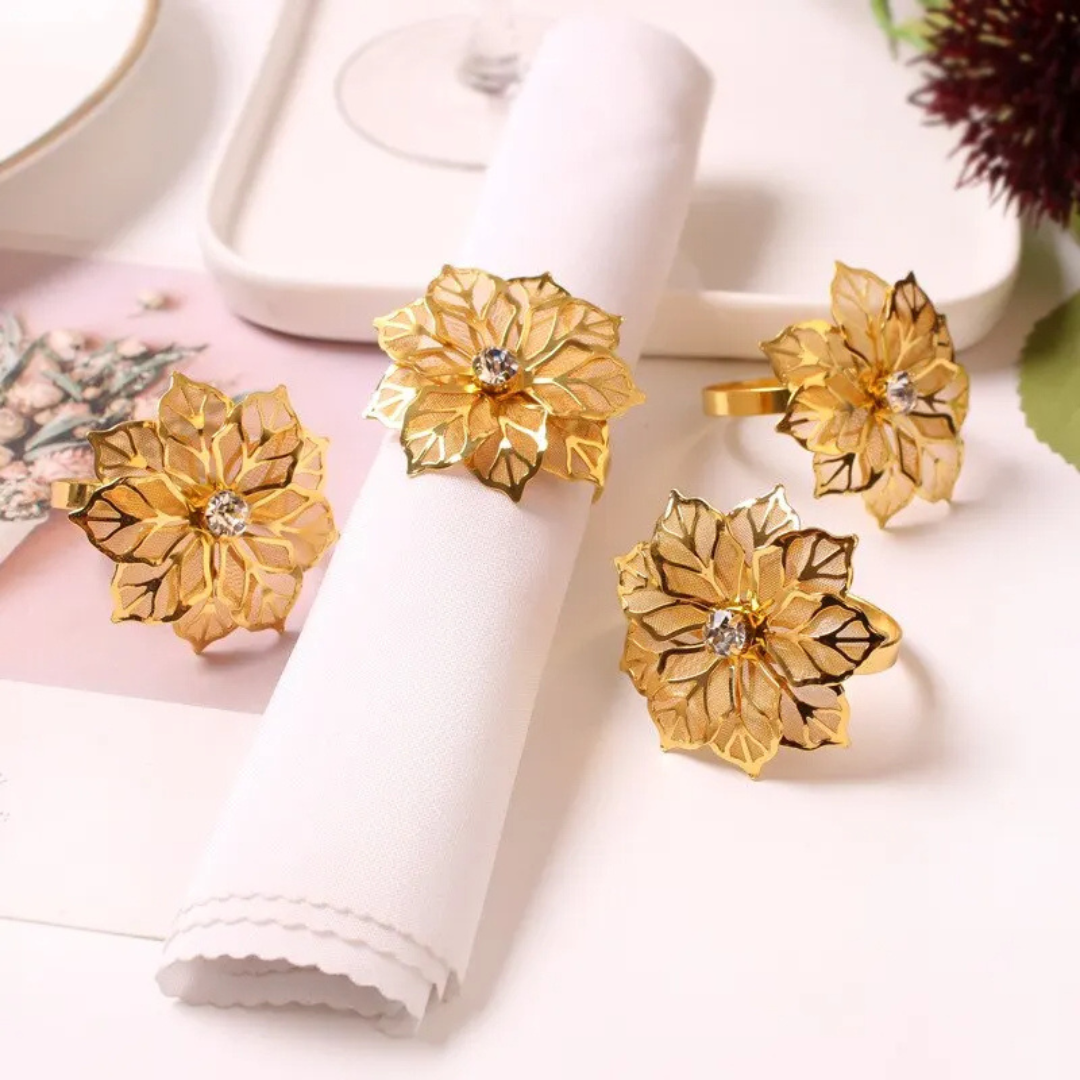Anel de Guardanapo com Flor de Rosa e Strass – Kit 4 Peças