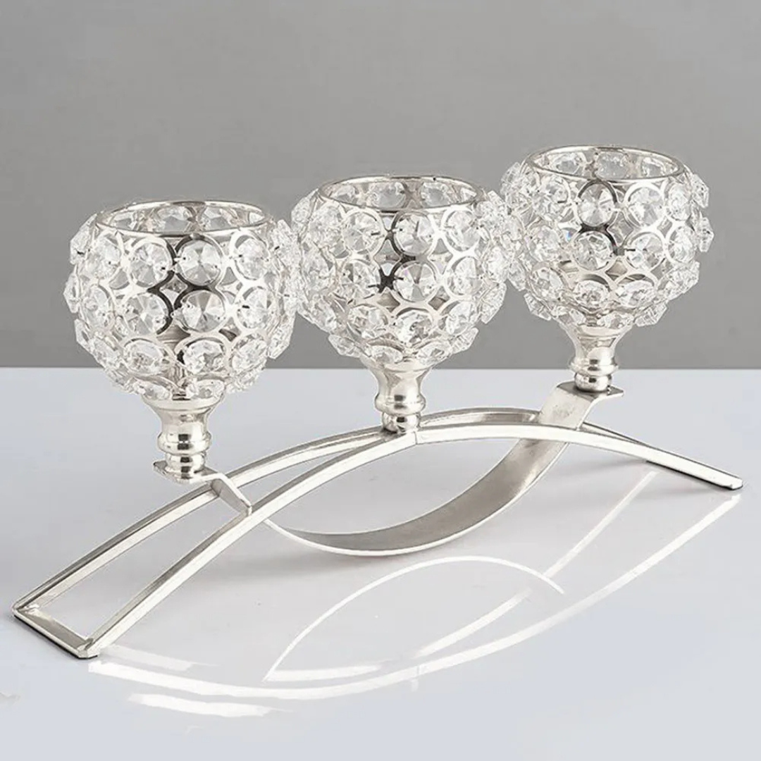 Suporte de Velas Triplo em Cristal e Metal para Mesa
