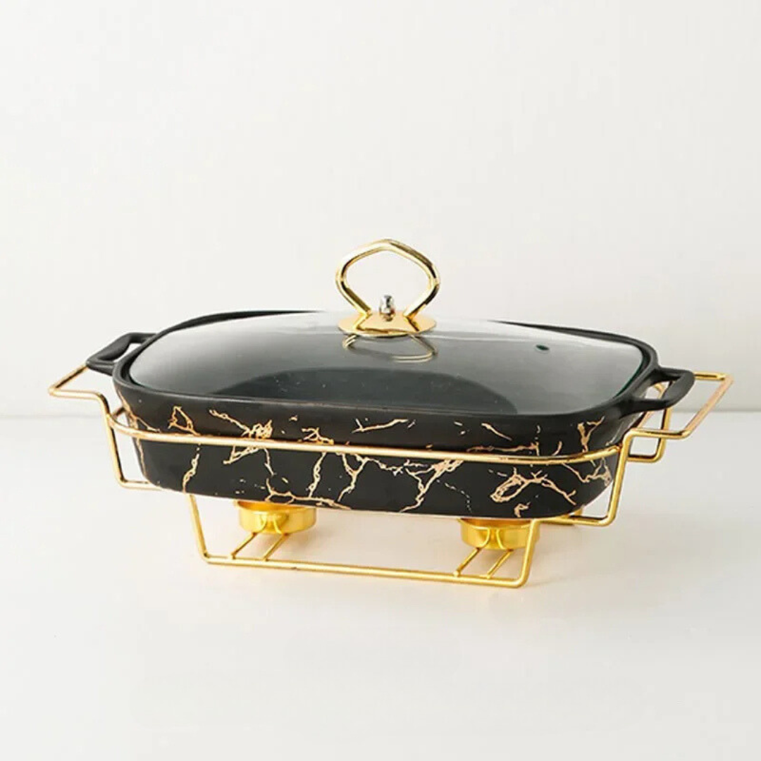 Travessa Cerâmica Retangular com Efeito Mármore e Acabamento Inox