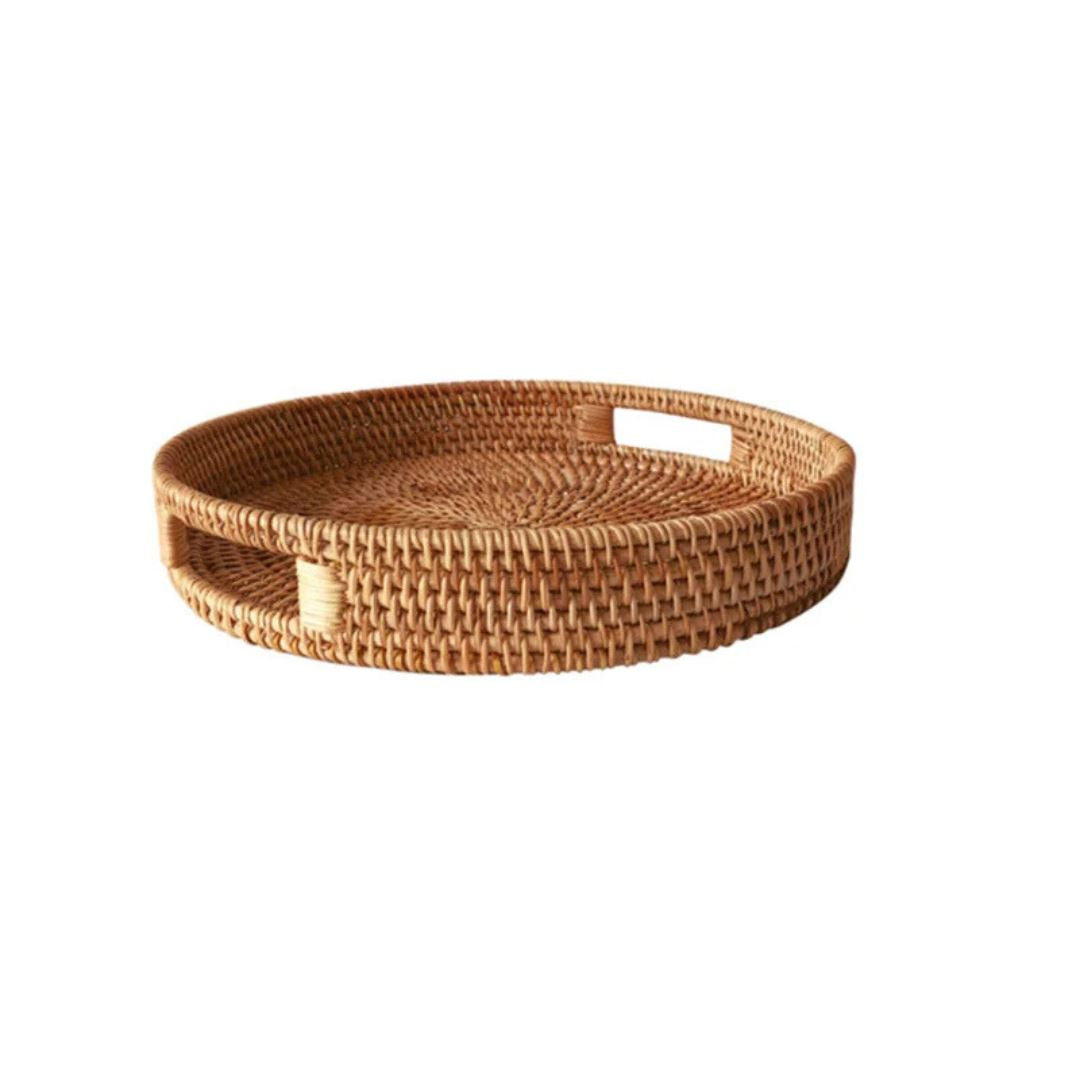 Cesta de Frutas de Vime Redonda com Alça de Madeira - Bandeja de Servir de Estilo Étnico Mesa Posta003 Cozinha com Estilo 25cmx4.5cm