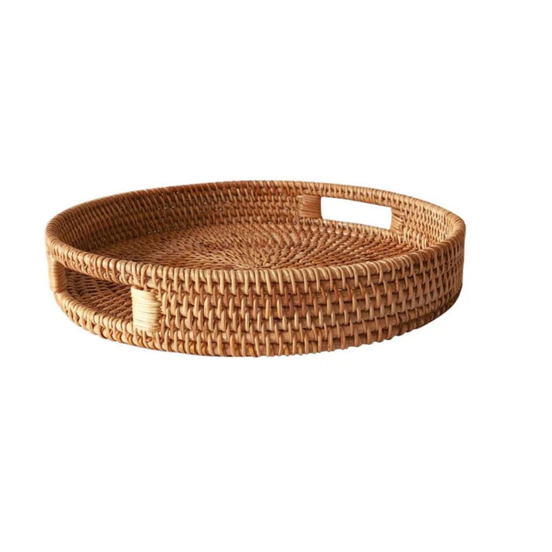 Cesta de Frutas de Vime Redonda com Alça de Madeira - Bandeja de Servir de Estilo Étnico Mesa Posta003 Cozinha com Estilo 30cmx5cm