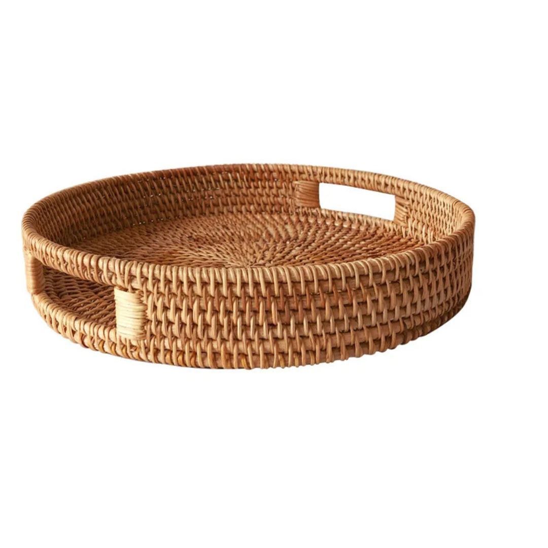 Cesta de Frutas de Vime Redonda com Alça de Madeira - Bandeja de Servir de Estilo Étnico Mesa Posta003 Cozinha com Estilo 35cmx6cm