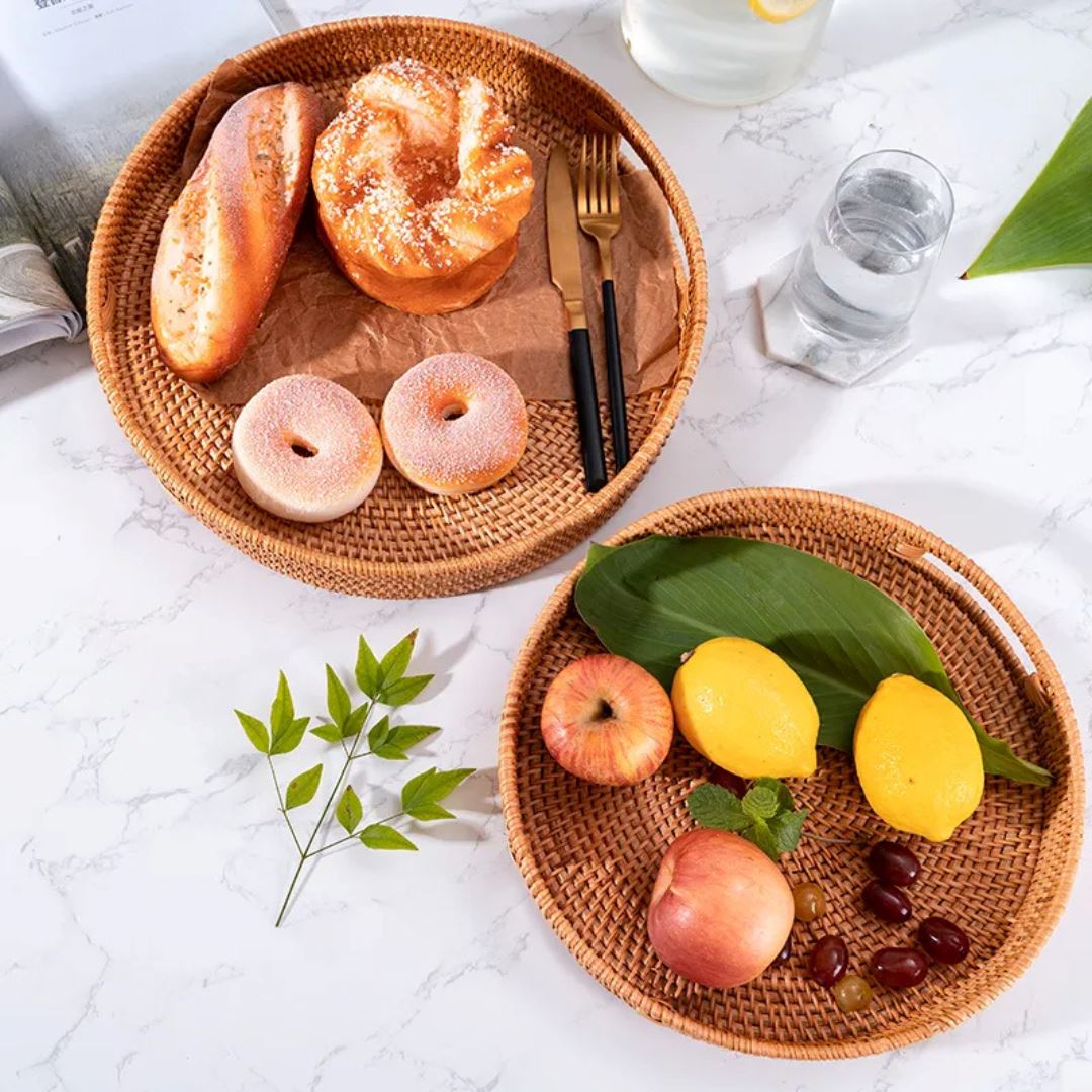Cesta de Frutas de Vime Redonda com Alça de Madeira - Bandeja de Servir de Estilo Étnico Mesa Posta003 Cozinha com Estilo