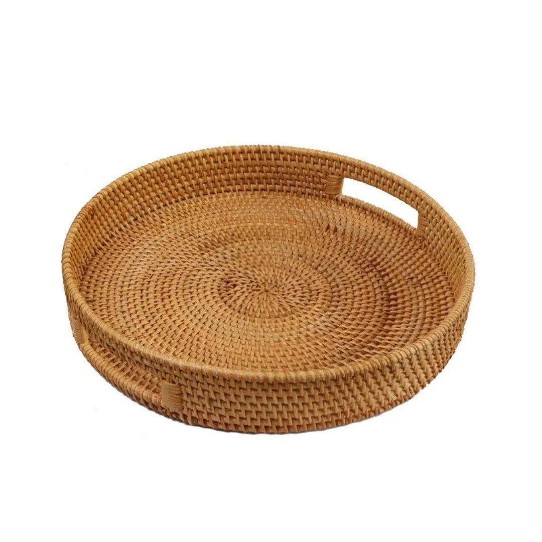 Cesta de Frutas de Vime Redonda com Alça de Madeira - Bandeja de Servir de Estilo Étnico Mesa Posta003 Cozinha com Estilo