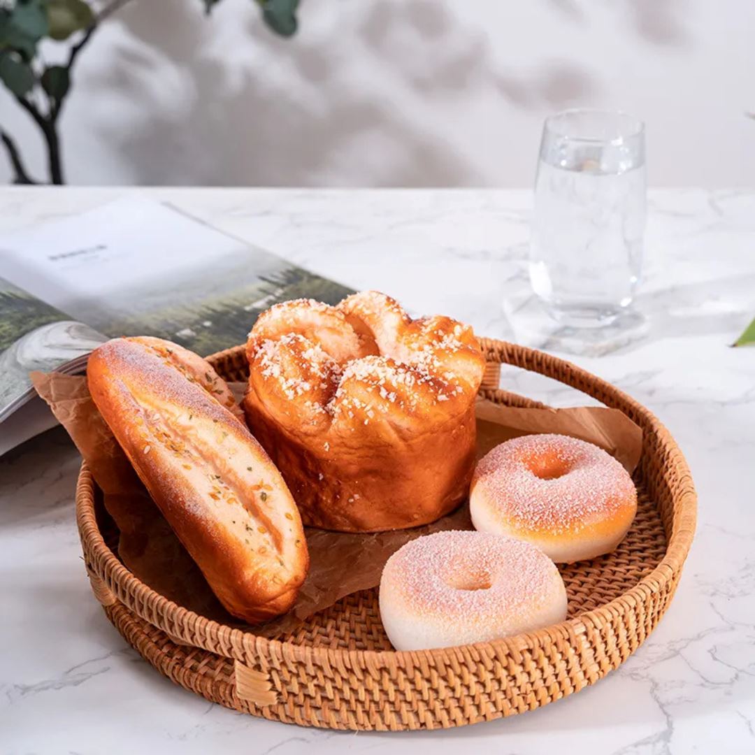 Cesta de Frutas de Vime Redonda com Alça de Madeira - Bandeja de Servir de Estilo Étnico Mesa Posta003 Cozinha com Estilo