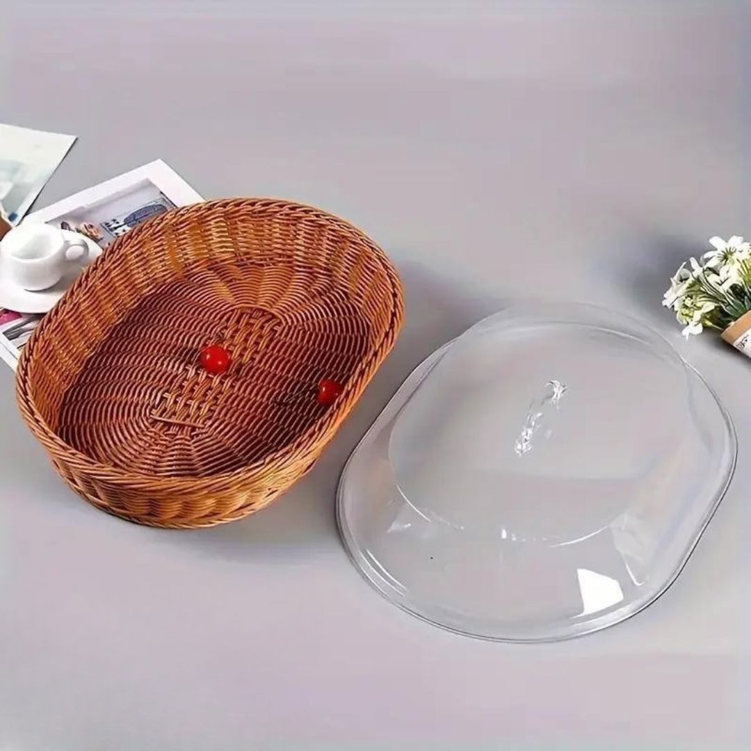 Cesta de Pão de Vime Oval com Tampa de Acrílico Mesa Posta054 Cozinha com Estilo