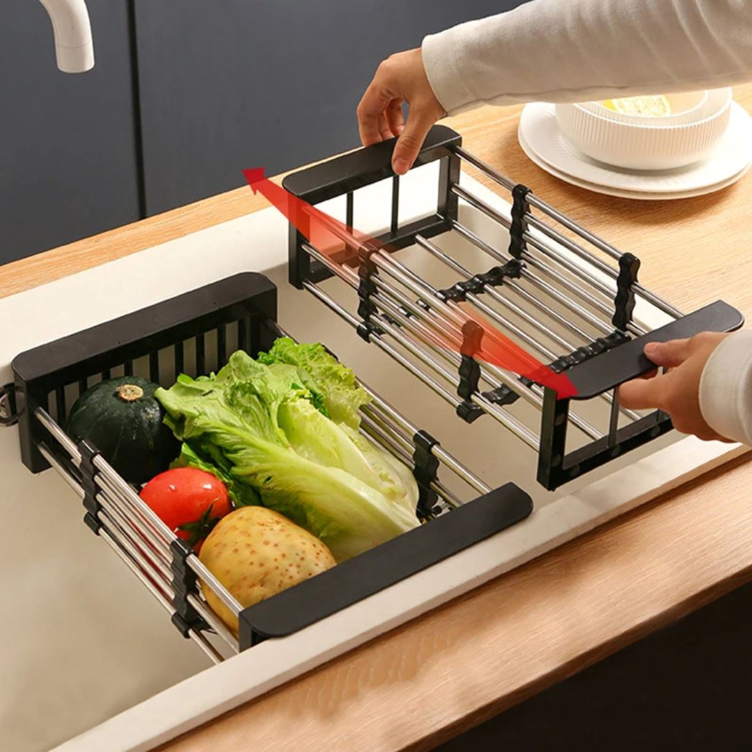 Cesto de Escorredor de Dreno Ajustável em Aço Inoxidável - Organização Doméstica Simplificada Utilidades002 Cozinha com Estilo