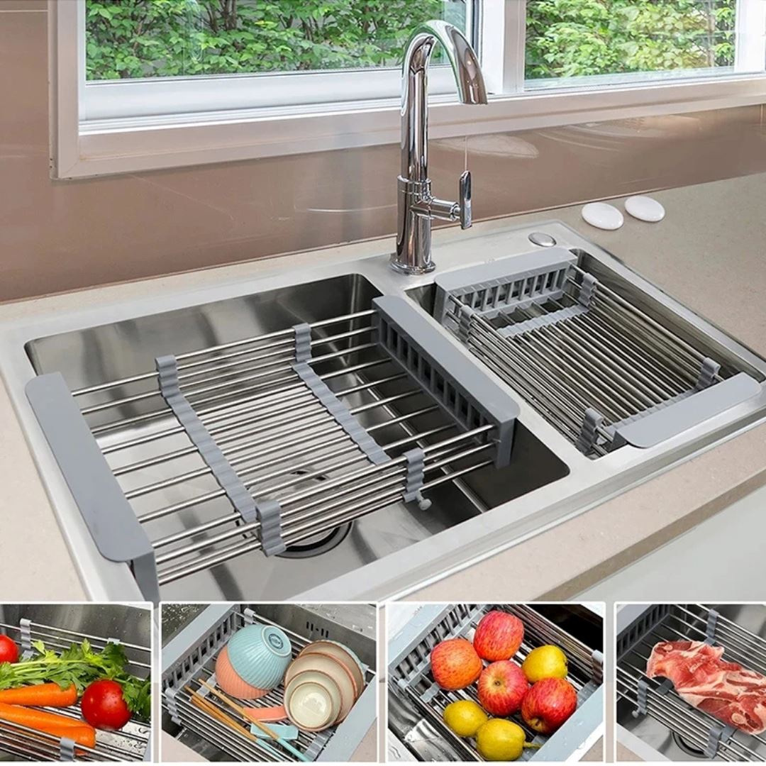 Cesto de Escorredor de Dreno Ajustável em Aço Inoxidável - Organização Doméstica Simplificada Utilidades002 Cozinha com Estilo
