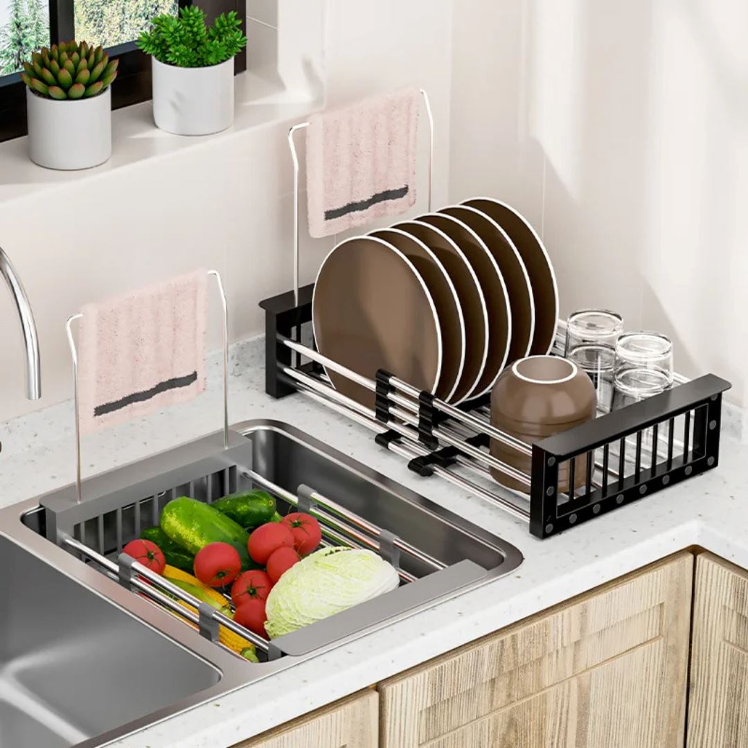 Cesto de Escorredor de Dreno Ajustável em Aço Inoxidável - Organização Doméstica Simplificada Utilidades002 Cozinha com Estilo