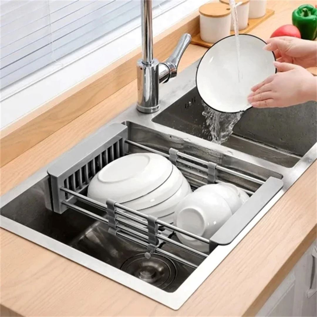 Cesto de Escorredor de Dreno Ajustável em Aço Inoxidável - Organização Doméstica Simplificada Utilidades002 Cozinha com Estilo