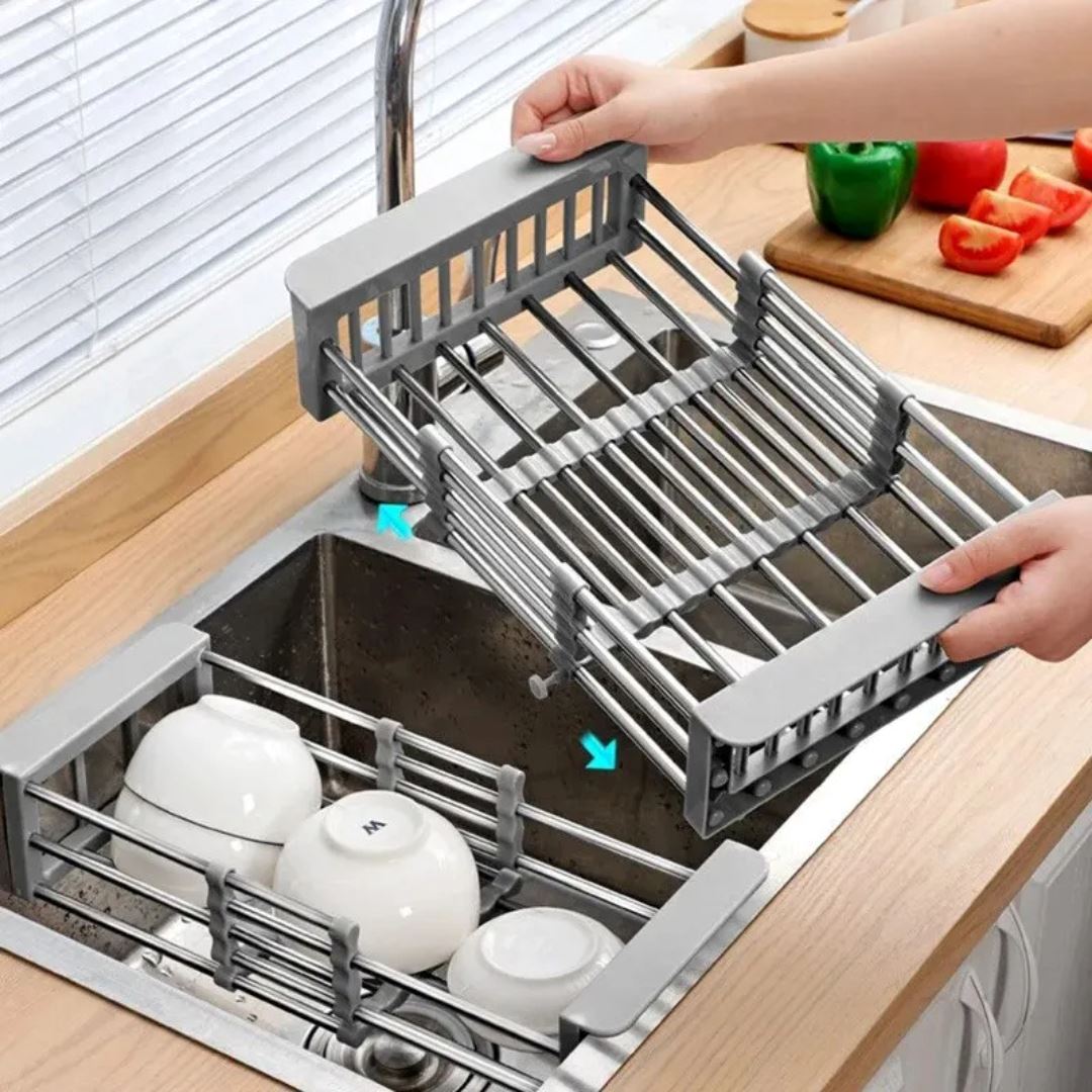 Cesto de Escorredor de Dreno Ajustável em Aço Inoxidável - Organização Doméstica Simplificada Utilidades002 Cozinha com Estilo