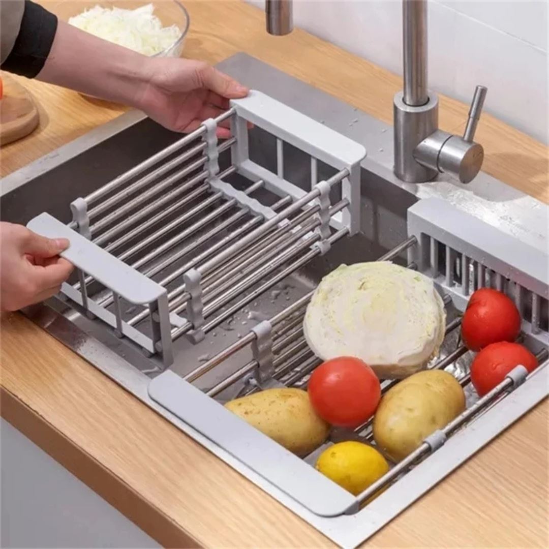 Cesto de Escorredor de Dreno Ajustável em Aço Inoxidável - Organização Doméstica Simplificada Utilidades002 Cozinha com Estilo