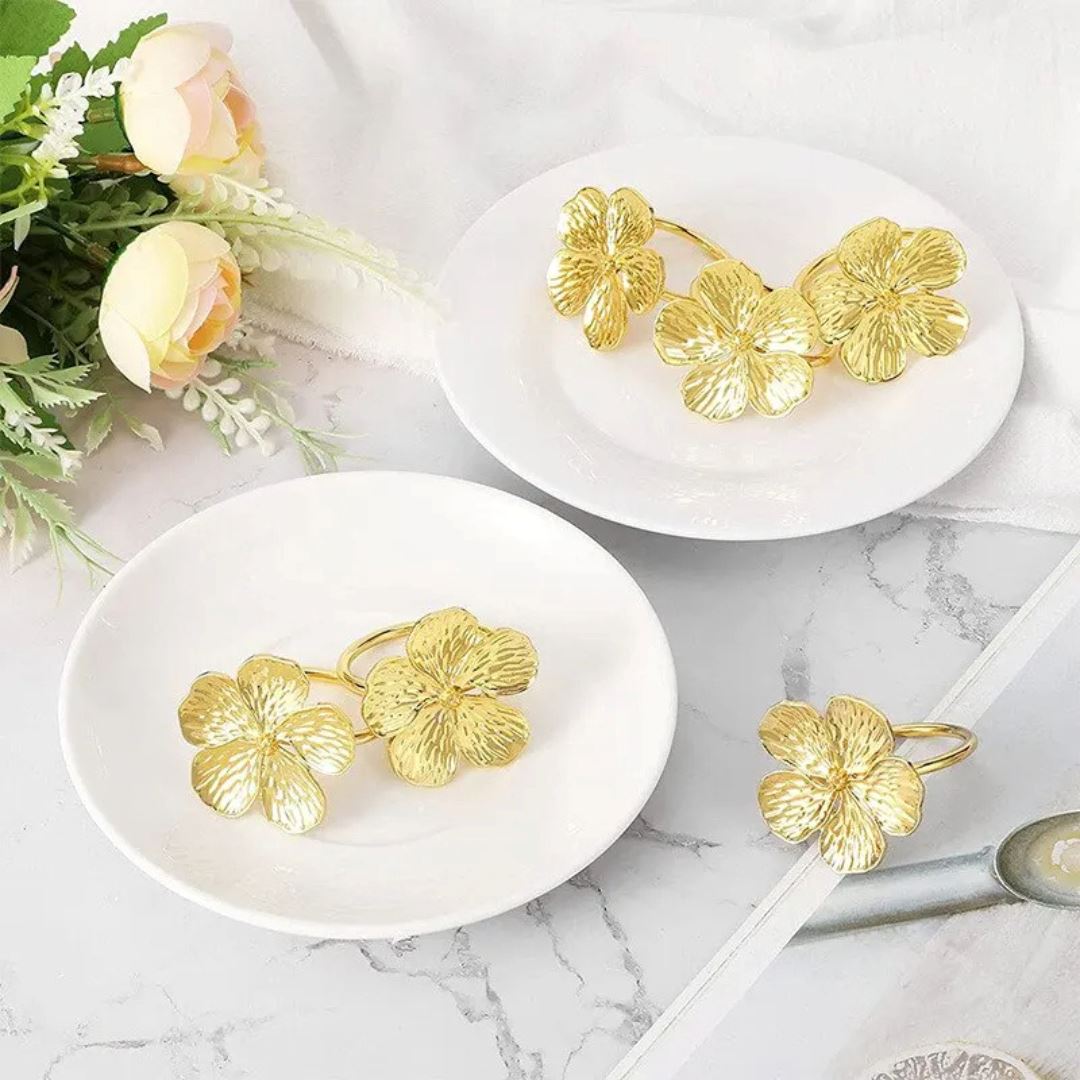 Conjunto 4 Anéis de Guardanapo Flor Metálica - Elegância para sua Mesa Mesa Posta028 Cozinha com Estilo