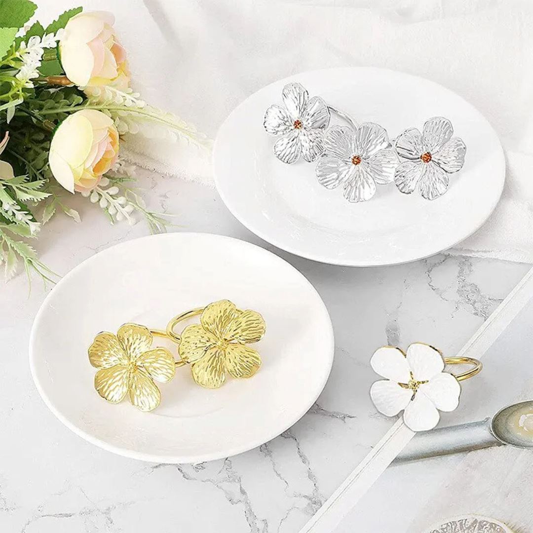 Conjunto 4 Anéis de Guardanapo Flor Metálica - Elegância para sua Mesa Mesa Posta028 Cozinha com Estilo
