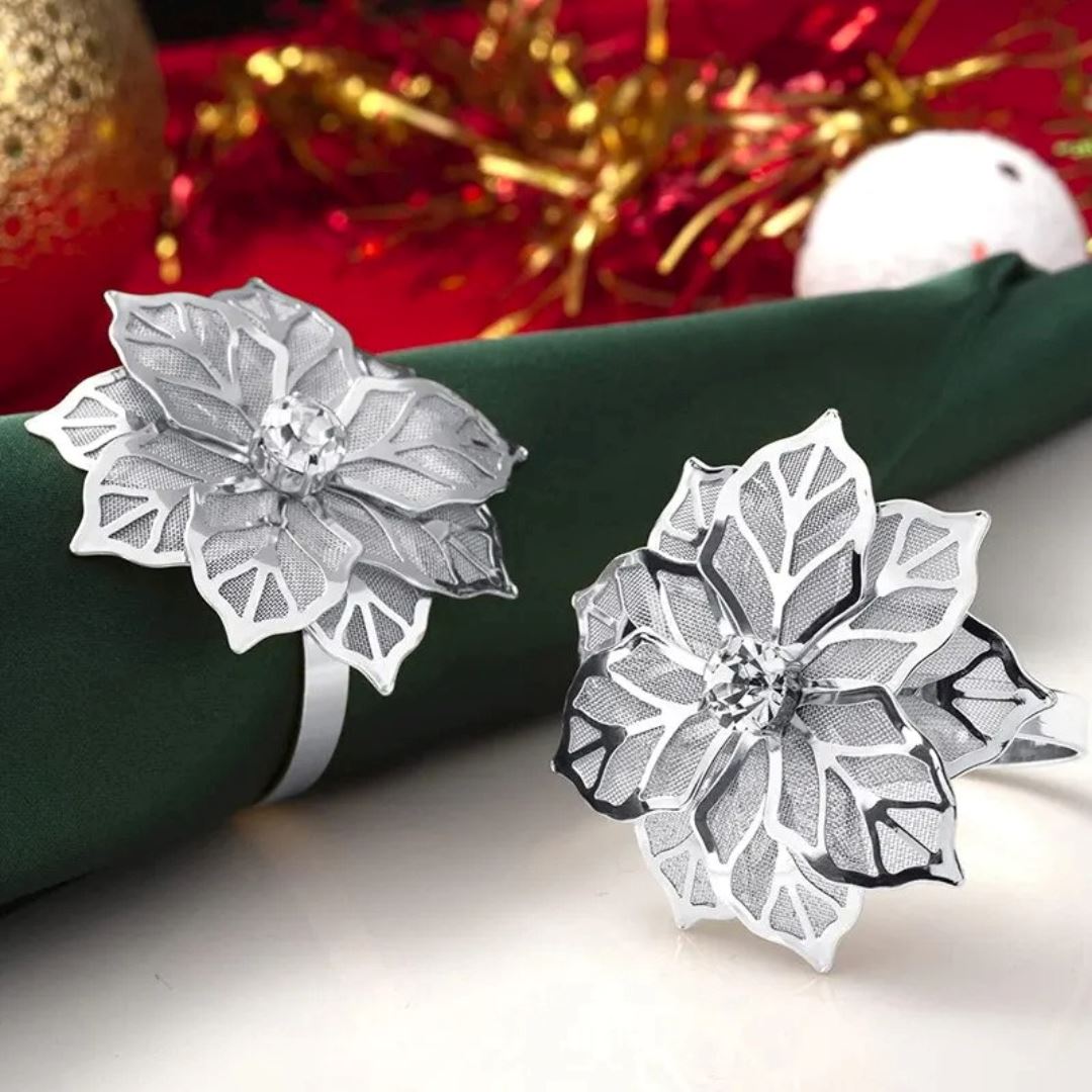 Conjunto 4 Anéis de Guardanapo Floral com Detalhes em Strass - Elegância para sua Mesa Mesa Posta026 Cozinha com Estilo