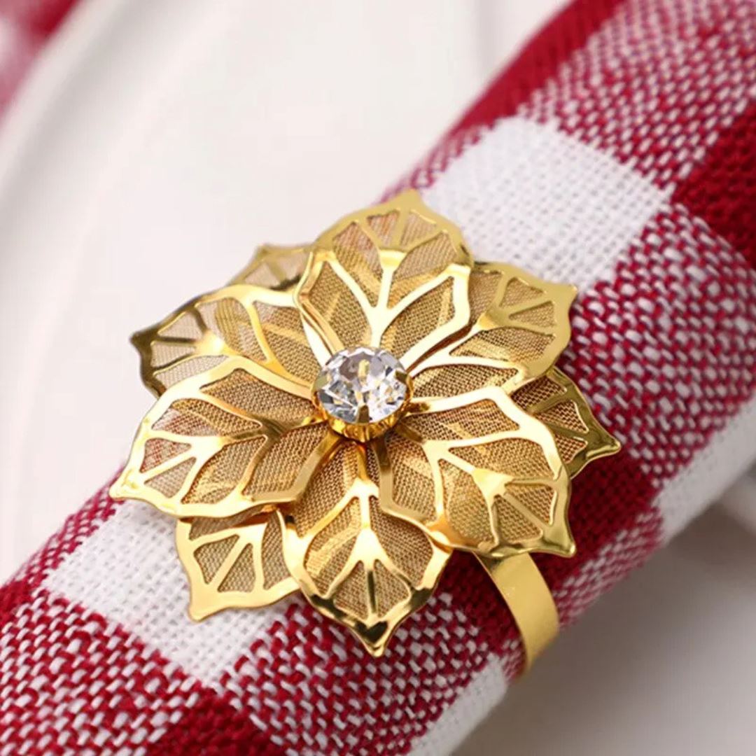 Conjunto 4 Anéis de Guardanapo Floral com Detalhes em Strass - Elegância para sua Mesa Mesa Posta026 Cozinha com Estilo