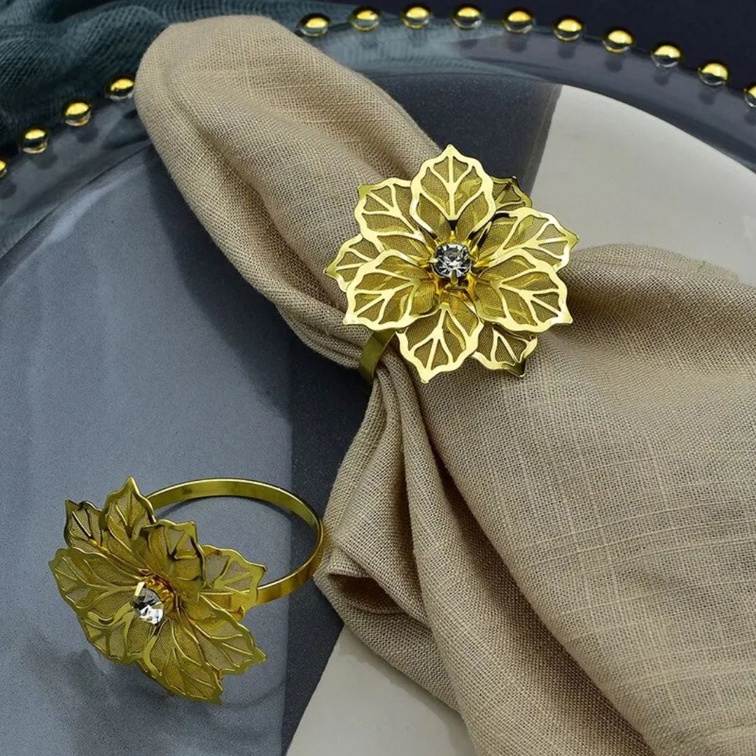 Conjunto 4 Anéis de Guardanapo Floral com Detalhes em Strass - Elegância para sua Mesa Mesa Posta026 Cozinha com Estilo