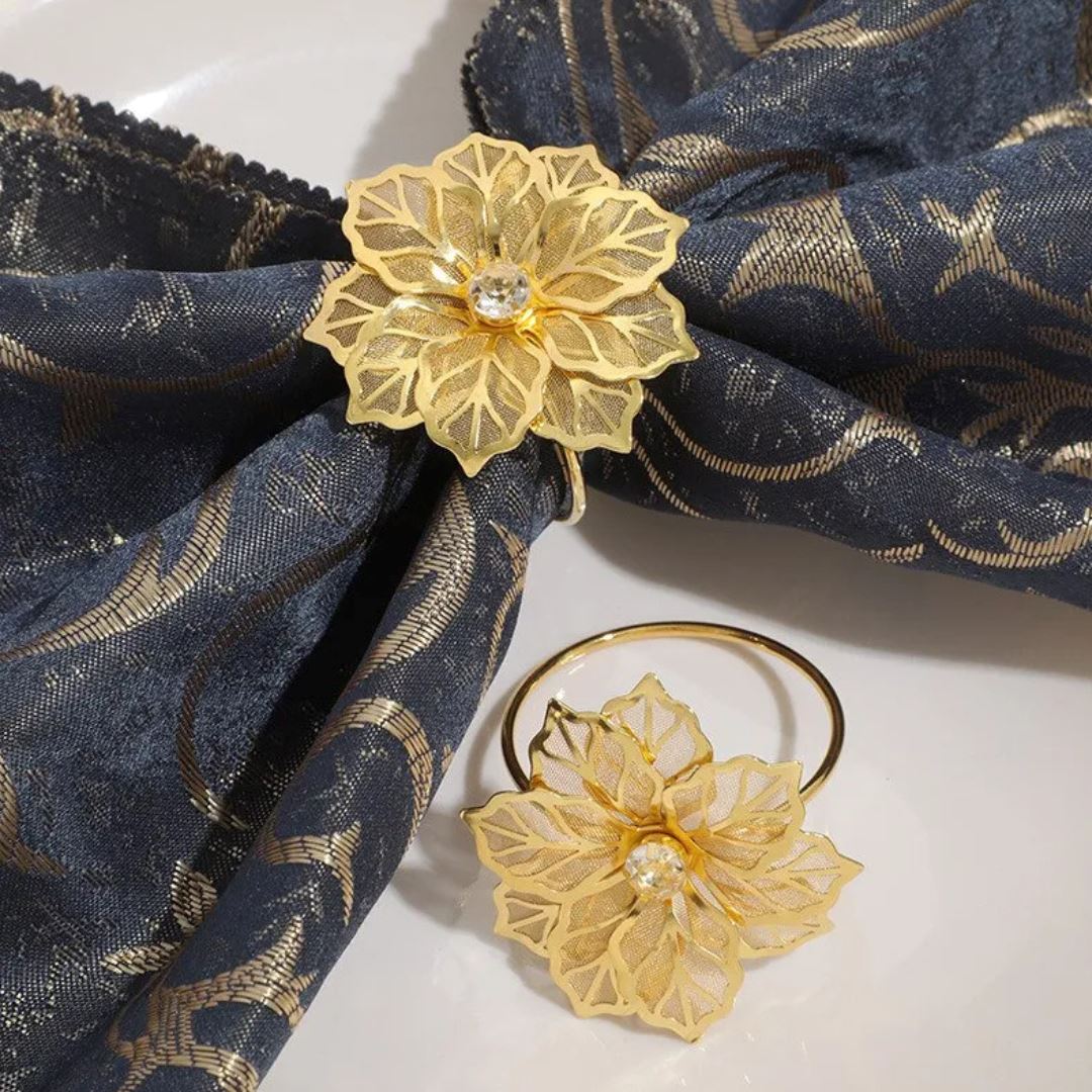 Conjunto 4 Anéis de Guardanapo Floral com Detalhes em Strass - Elegância para sua Mesa Mesa Posta026 Cozinha com Estilo