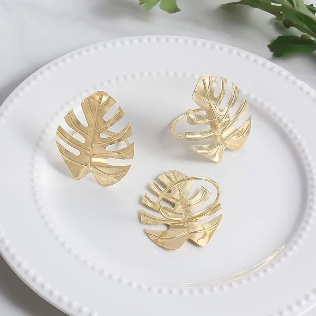 Conjunto 4 Anéis de Guardanapo Folha Dourada - Toque Moderno para Sua Mesa Mesa Posta025 Cozinha com Estilo