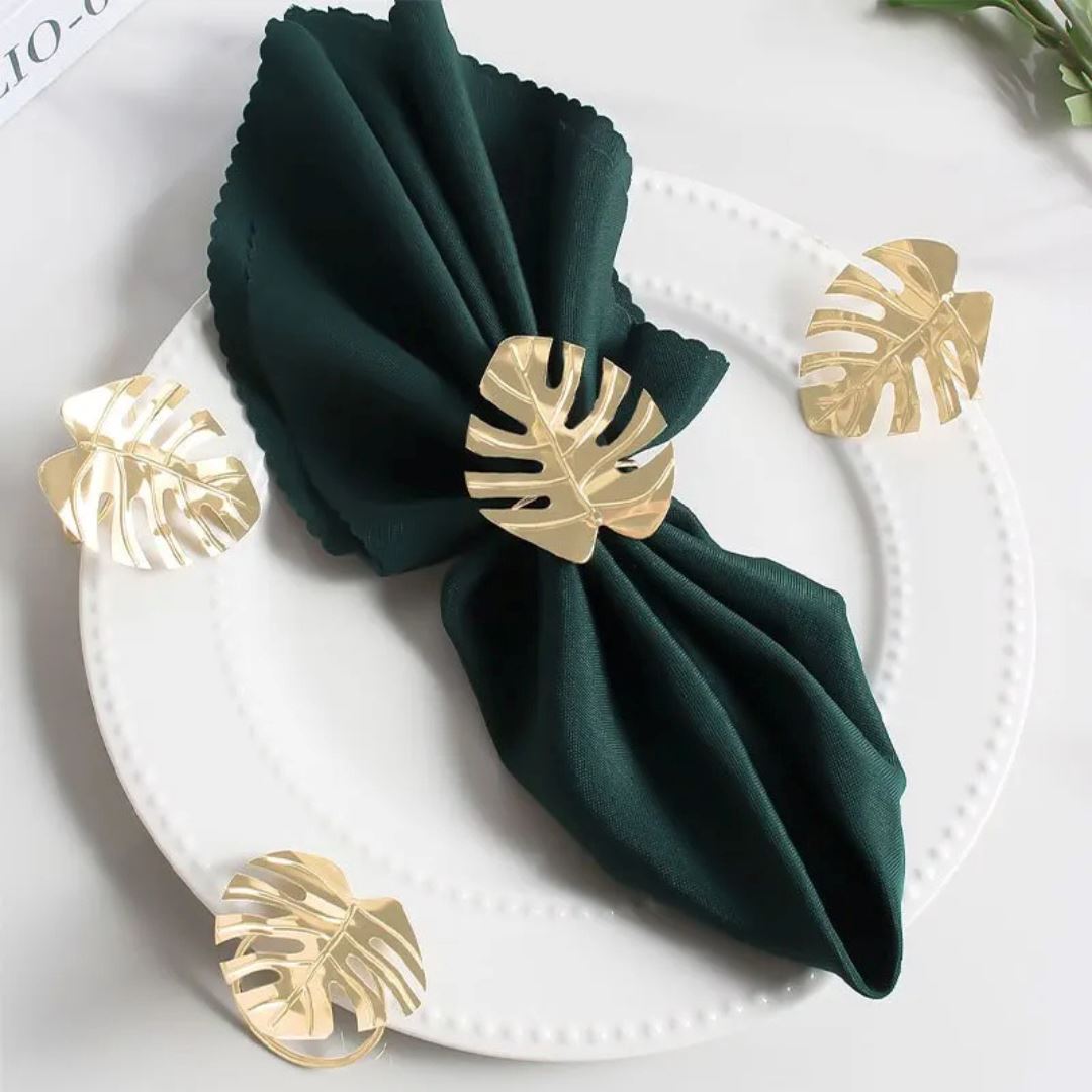 Conjunto 4 Anéis de Guardanapo Folha Dourada - Toque Moderno para Sua Mesa Mesa Posta025 Cozinha com Estilo