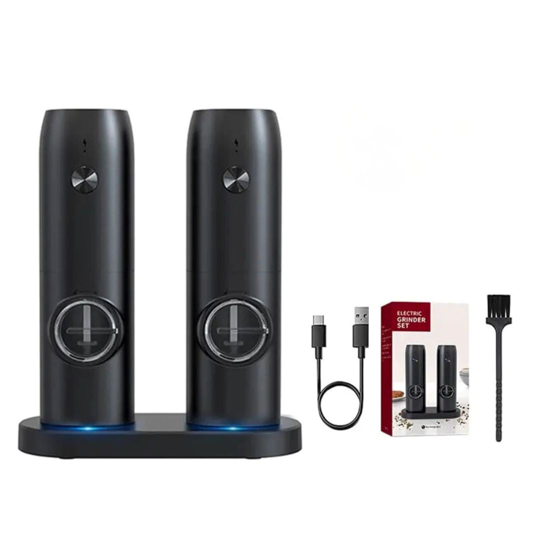 Conjunto Moedor de Sal e Pimenta Recarregável - Com Luz LED e Base de Carregamento Forno e Fogão004 Cozinha com Estilo 02 Unidades com Carregador e Base