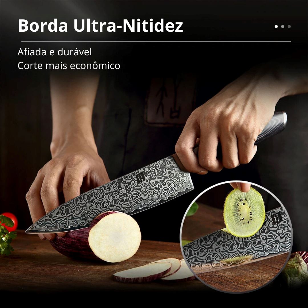 Faca Profissional para Carnes em Aço Damasco - Cabo de Madeira Cozinha com Estilo