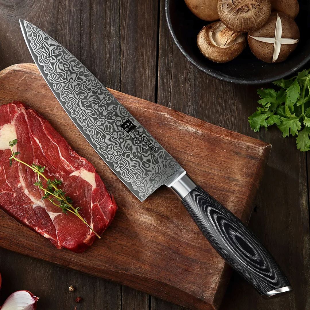 Faca Profissional para Carnes em Aço Damasco - Cabo de Madeira Cozinha com Estilo