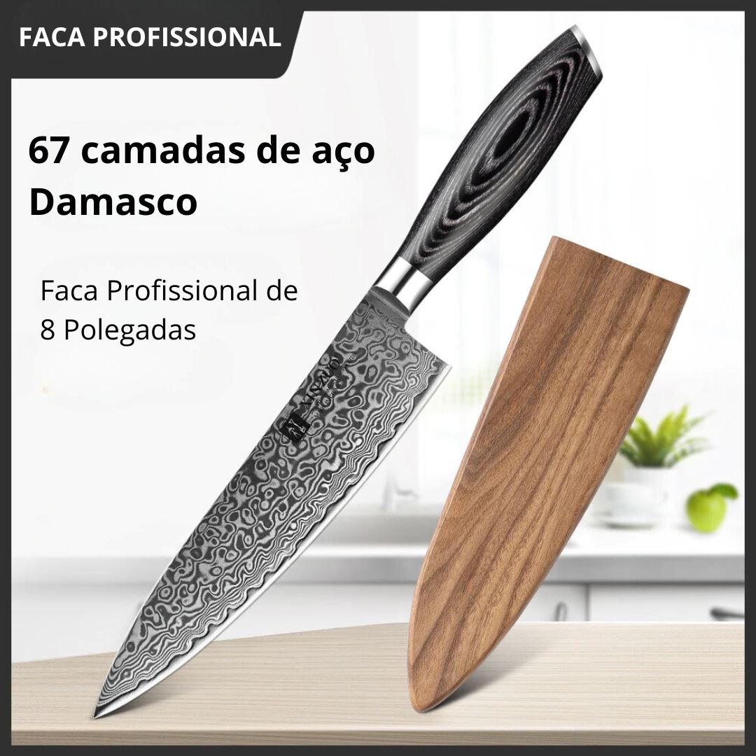 Faca Profissional para Carnes em Aço Damasco - Cabo de Madeira Cozinha com Estilo