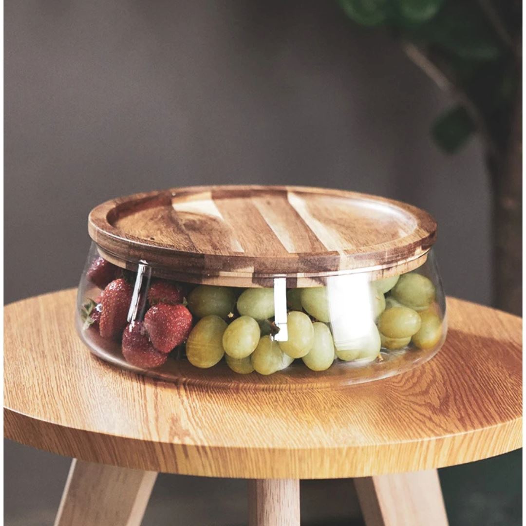 Frasco de Vidro Transparente com Tampa de Madeira - Armazenamento Elegante para Sobremesas e Doces Amadeirados006 Cozinha com Estilo