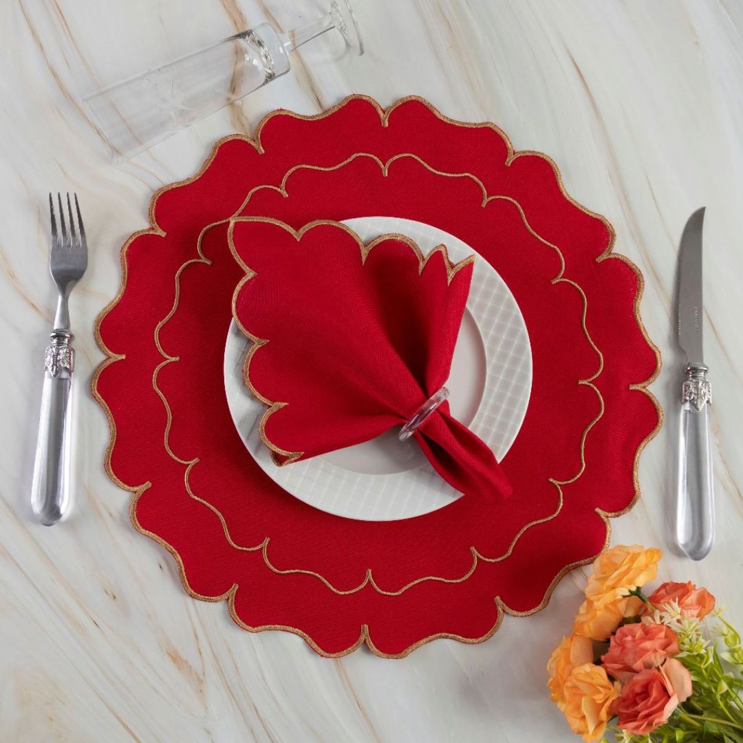 Jogo Americano com Sousplats e Guardanapos em Poliéster Mesa Posta058 Cozinha com Estilo Florata - Vermelho