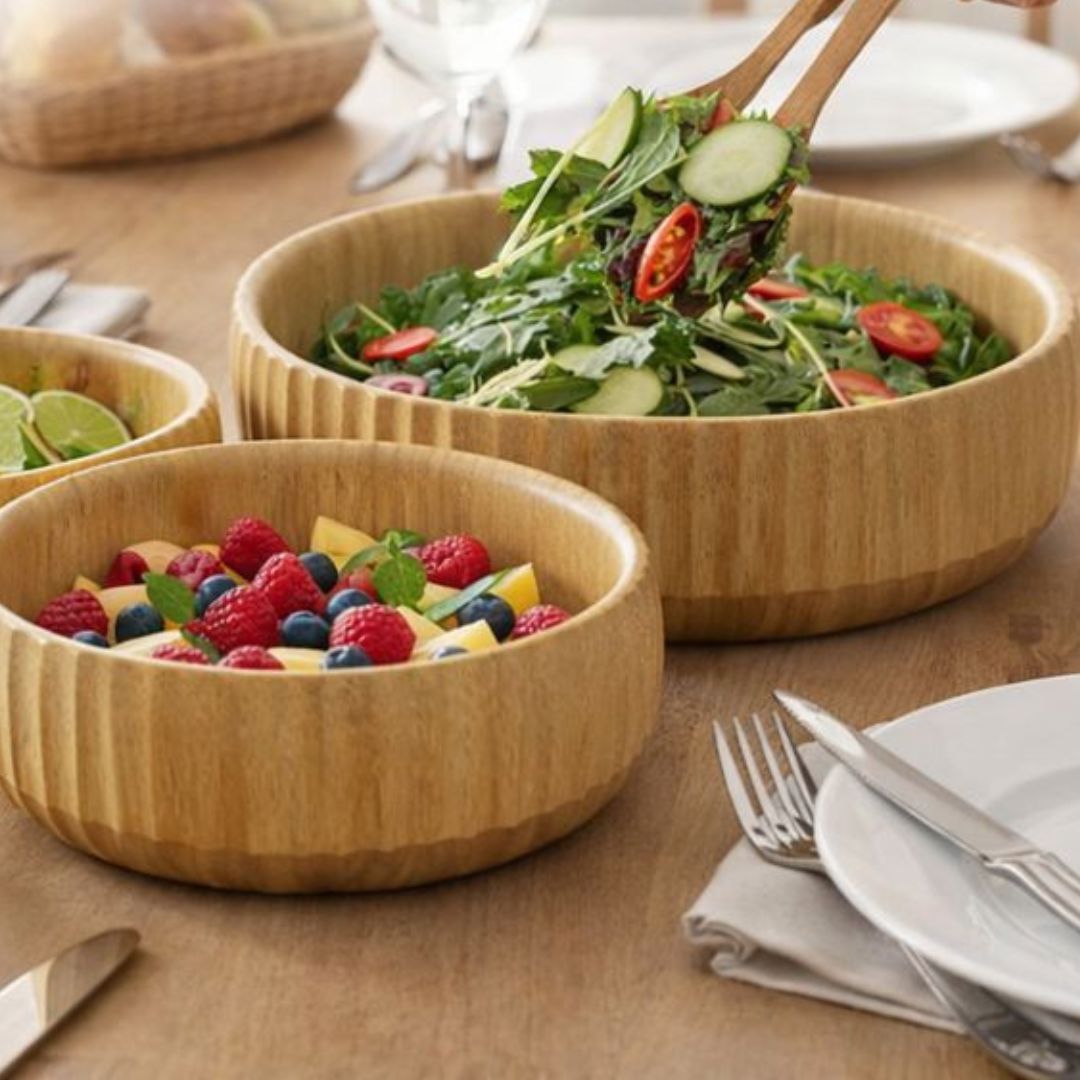 Kit Bowls Tigelas de Bambu Canelado 3 Peças Mesa Posta062 Cozinha com Estilo