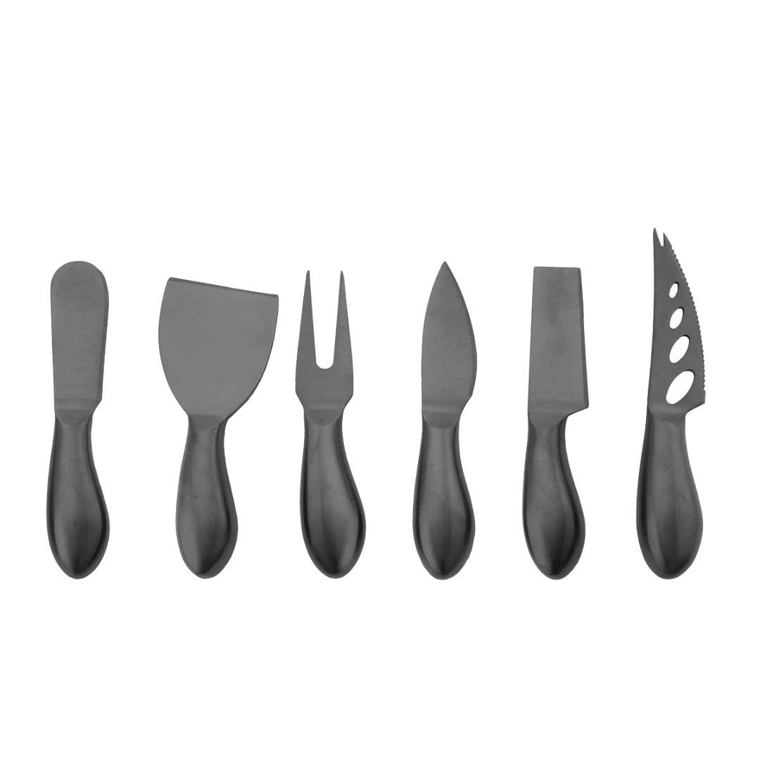Kit para Queijos em Aço Inoxidável - Utensílios Elegantes Mesa Posta010 Cozinha com Estilo Preto 6 Peças