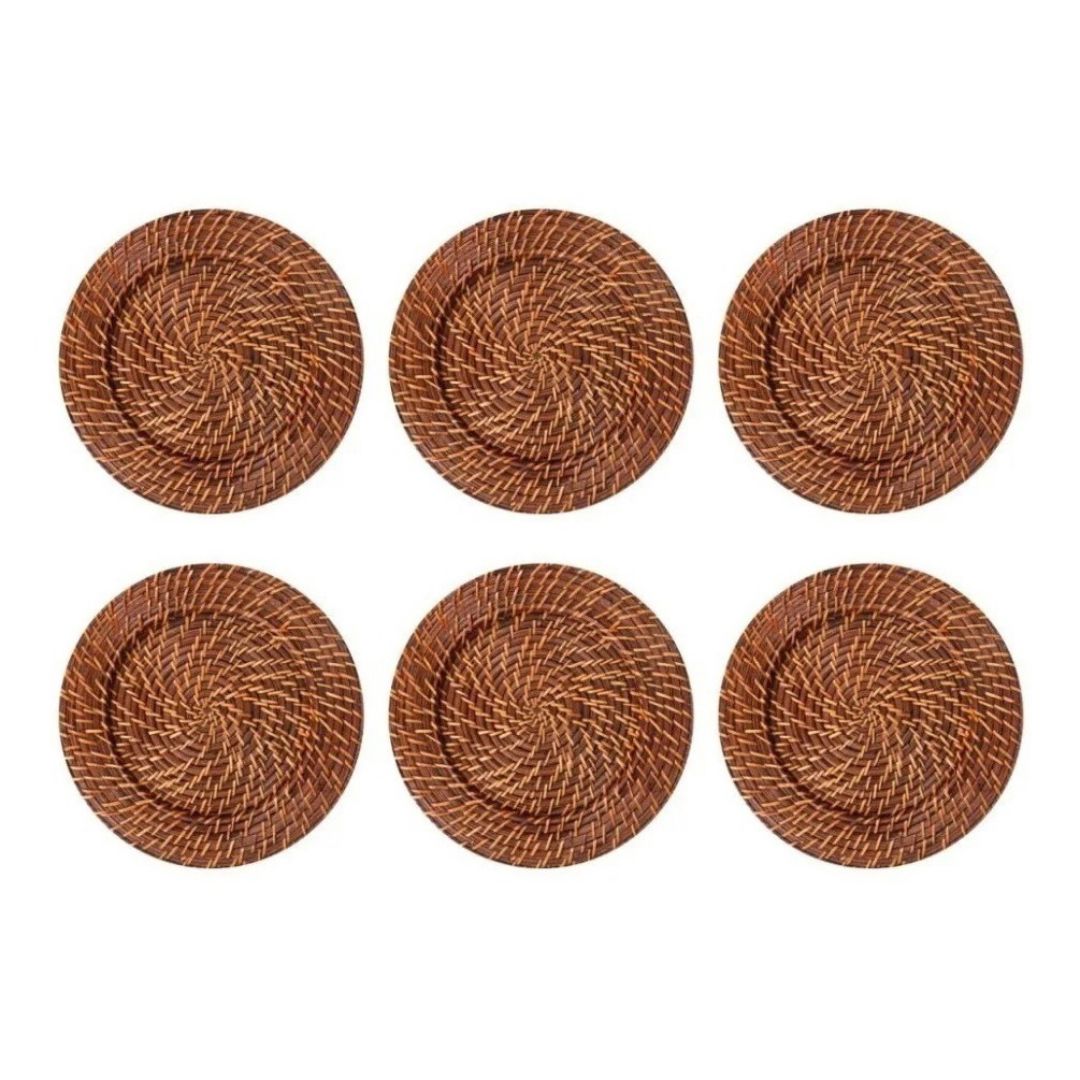 Kit Sousplat Redondo em Rattan Bambu Bambu013 Cozinha com Estilo Marron Escuro 6 Peças