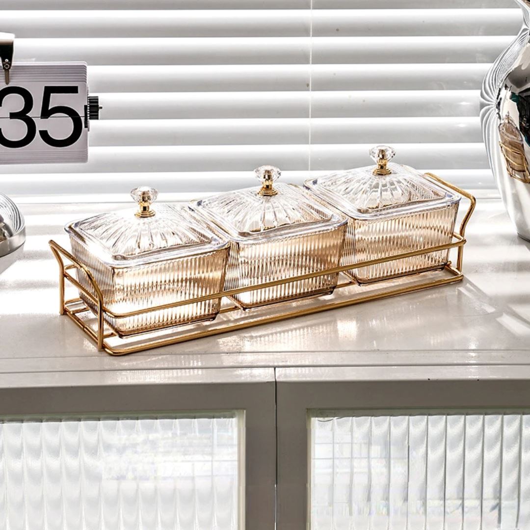 Luxuosa Bandeja de Frutas - Prato Divisório Elegante para Servir Mesa Posta013 Cozinha com Estilo Âmbar 3 Recipientes