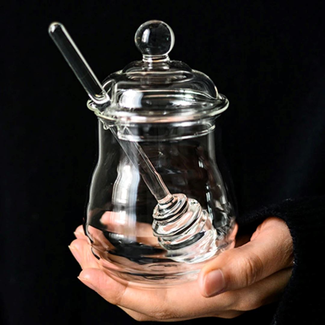 Pote de Mel com colher de Vidro - Elegância para Armazenamento na Cozinha Mesa Posta031 Cozinha com Estilo