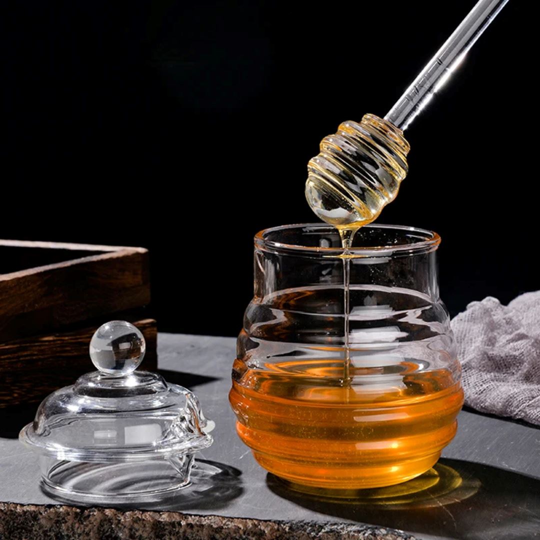 Pote de Mel com colher de Vidro - Elegância para Armazenamento na Cozinha Mesa Posta031 Cozinha com Estilo