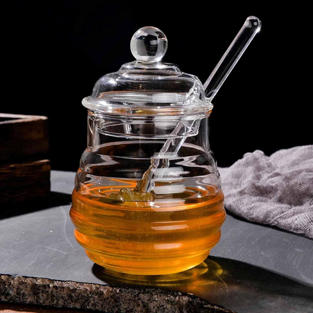 Pote de Mel com colher de Vidro - Elegância para Armazenamento na Cozinha Mesa Posta031 Cozinha com Estilo