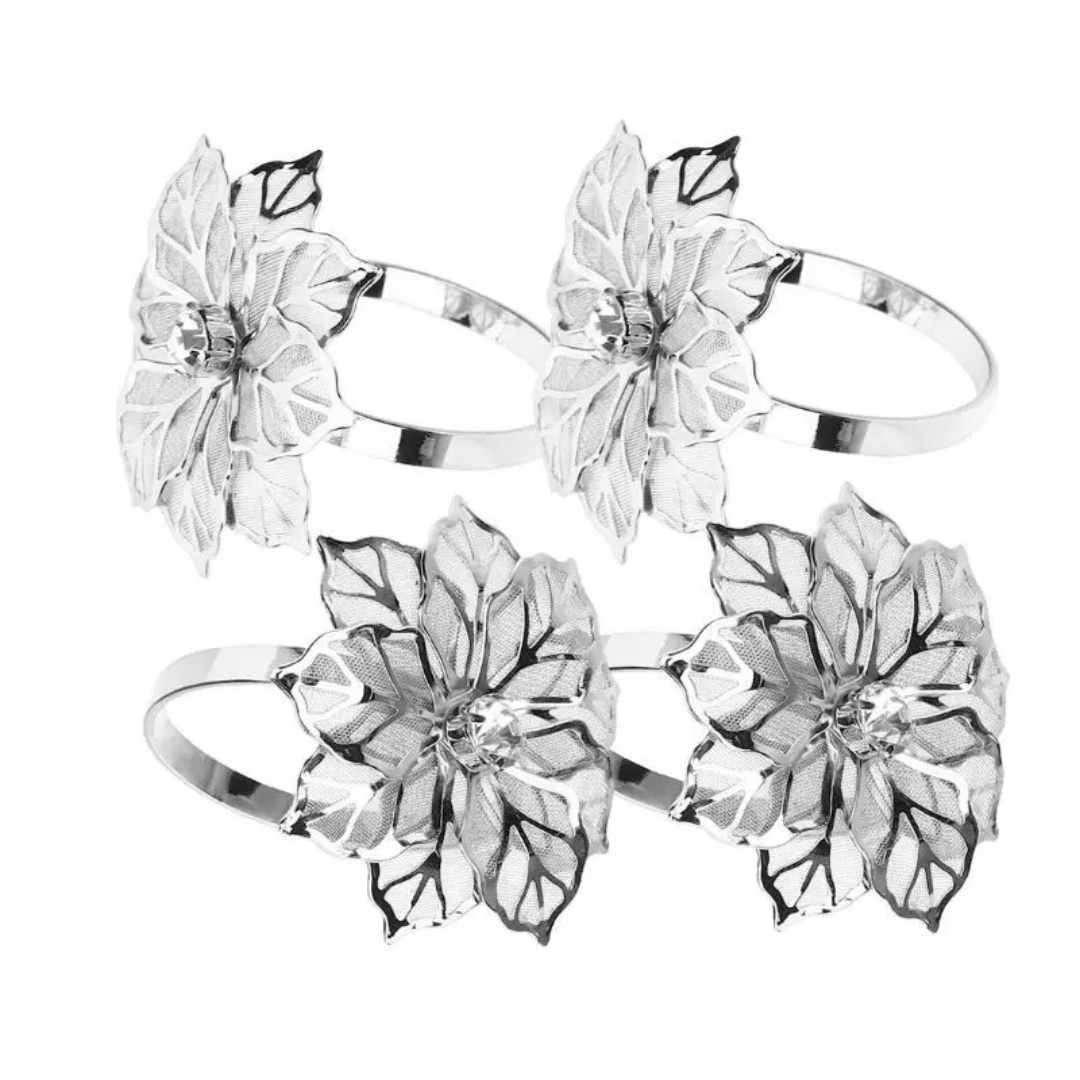 Conjunto 4 Anéis de Guardanapo Floral com Detalhes em Strass - Elegância para sua Mesa