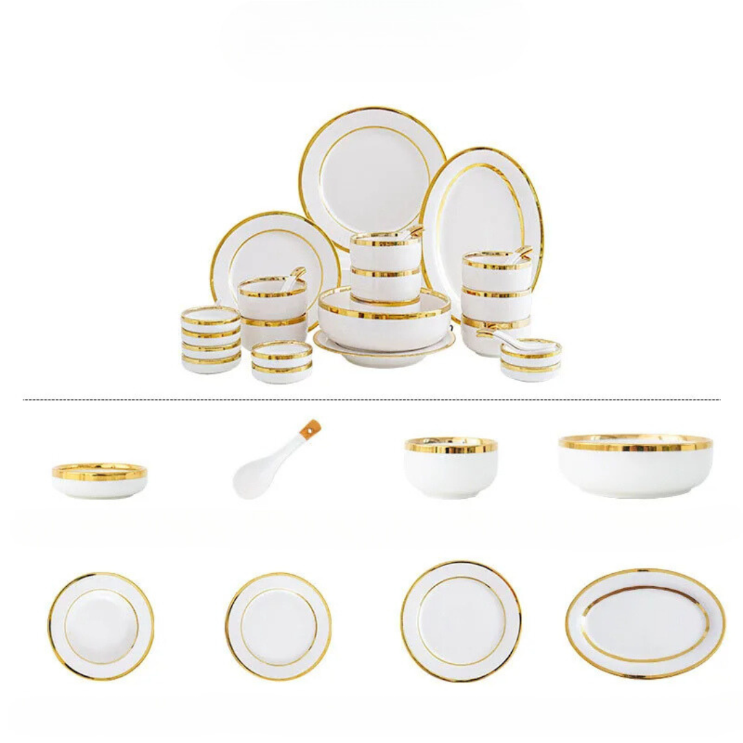 Conjunto de Pratos de Cerâmica Luxo com Detalhes Dourado - Elegância para sua Sala de Jantar