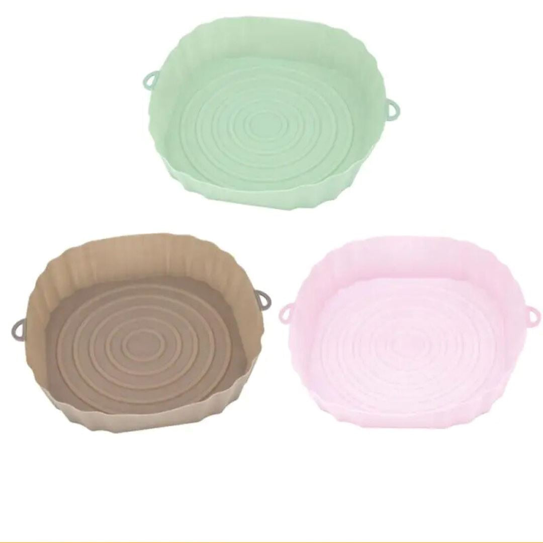 Bandeja Reutilizável de Silicone para Air Fryer - Facilidade na Limpeza Forno e Fogão001 Cozinha com Estilo Kit Verde/Marrom/Rosa (03 Unidades) 