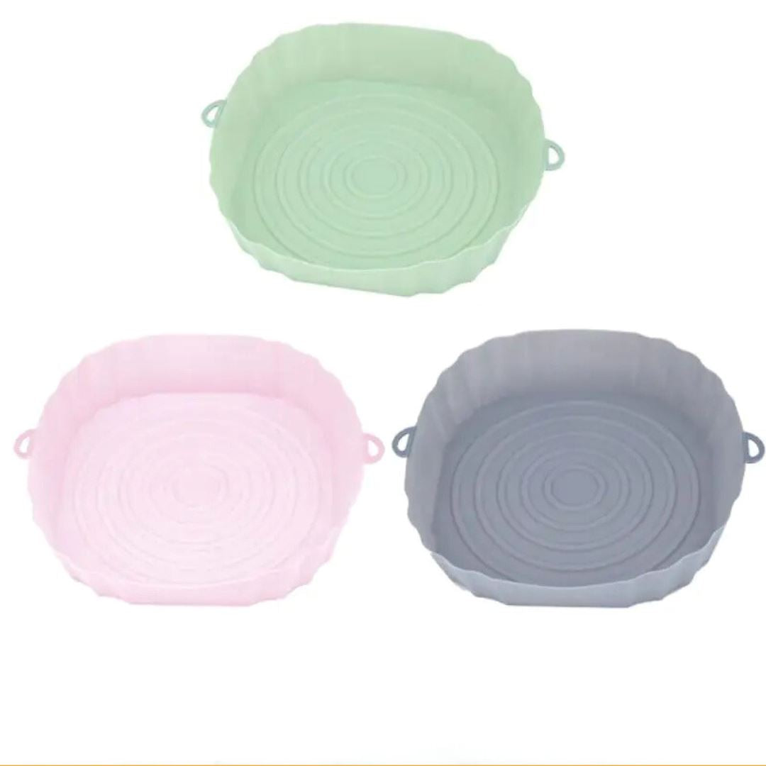 Bandeja Reutilizável de Silicone para Air Fryer - Facilidade na Limpeza Forno e Fogão001 Cozinha com Estilo Kit Verde/Rosa/Cinza (03 Unidades) 