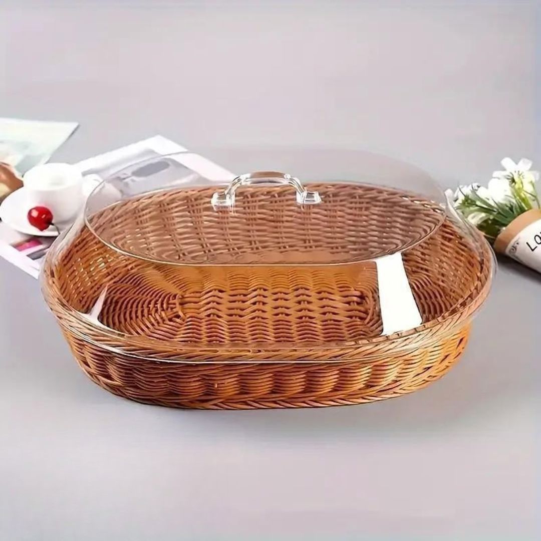 Cesta de Pão de Vime Oval com Tampa de Acrílico Mesa Posta054 Cozinha com Estilo 