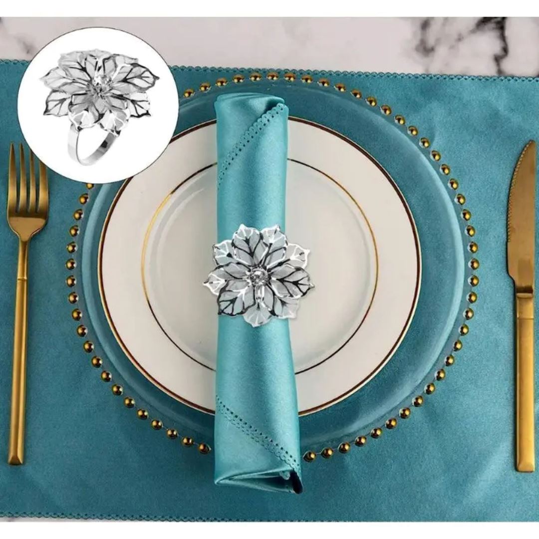 Conjunto 4 Anéis de Guardanapo Floral com Detalhes em Strass - Elegância para sua Mesa Mesa Posta026 Cozinha com Estilo 