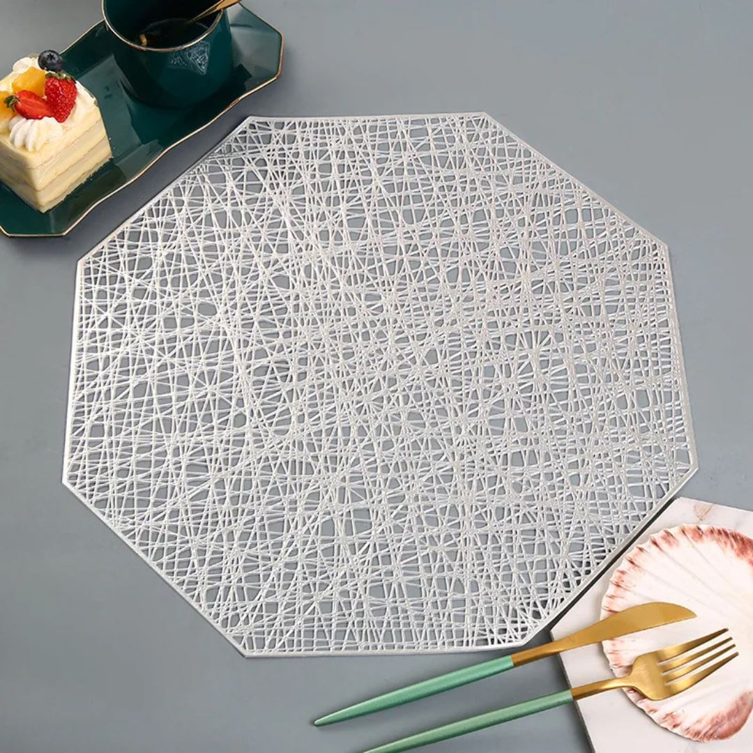 Conjunto de Descanso de Mesa Metálico para Ocasiões Especiais - Placemats de Elegância e Proteção Mesa Posta005 Cozinha com Estilo Branco Heptagonal 