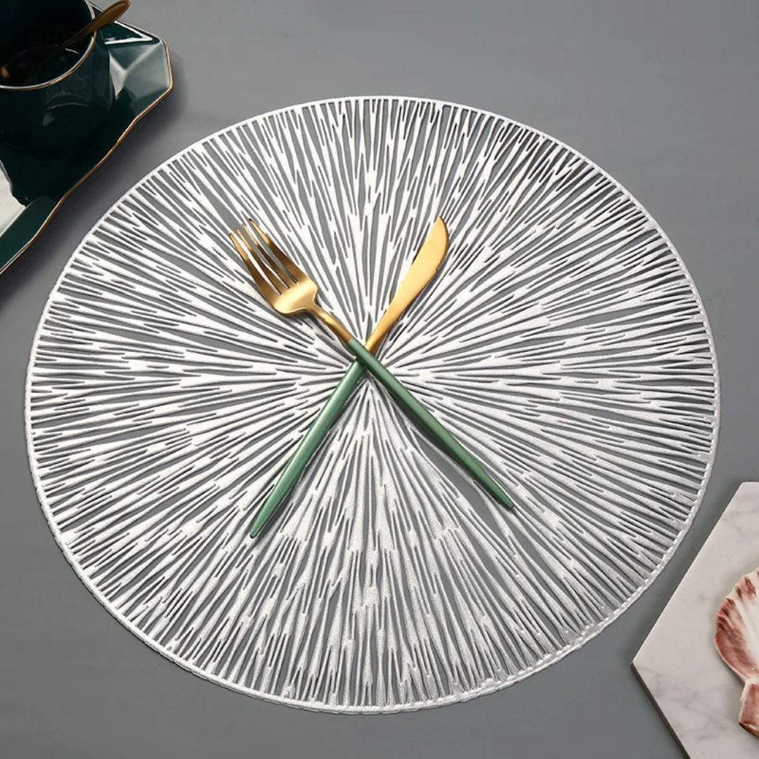 Conjunto de Descanso de Mesa Metálico para Ocasiões Especiais - Placemats de Elegância e Proteção Mesa Posta005 Cozinha com Estilo Branco Simples 