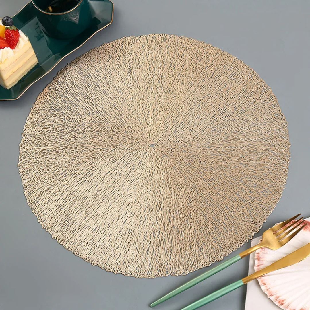 Conjunto de Descanso de Mesa Metálico para Ocasiões Especiais - Placemats de Elegância e Proteção Mesa Posta005 Cozinha com Estilo Dourado Luxo 