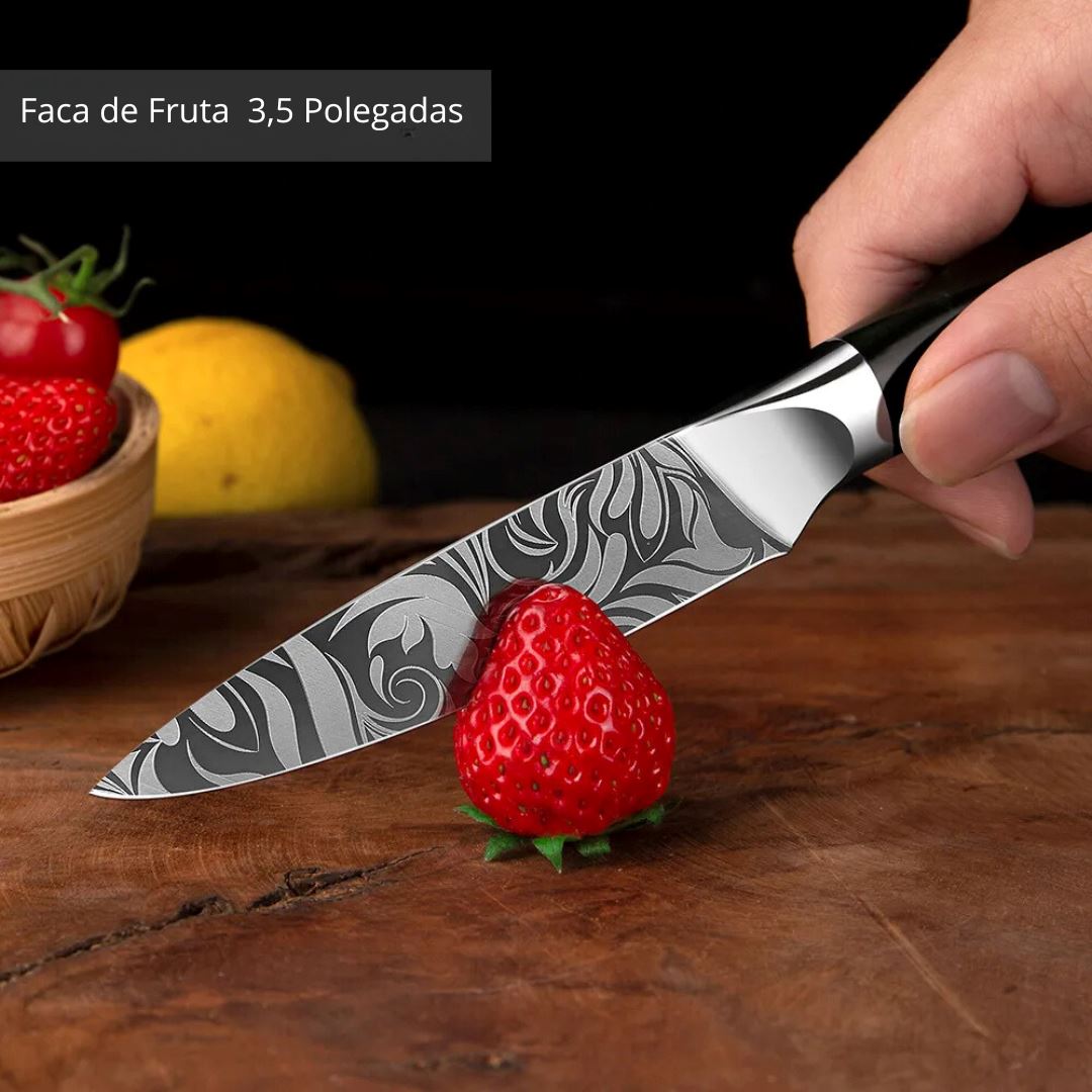 Conjunto de Facas Profissionais Inox Duráveis - Punho Madeira Resina Cozinha com Estilo 