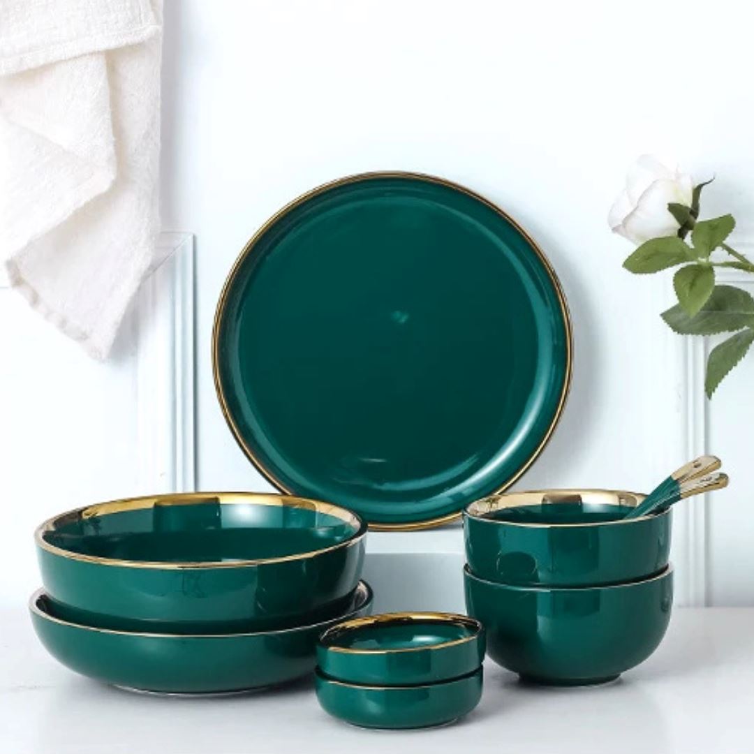 Conjunto de Jantar Cerâmico Verde e Dourado - Design Exclusivo e Elegante Linha Premium002 Cozinha com Estilo 